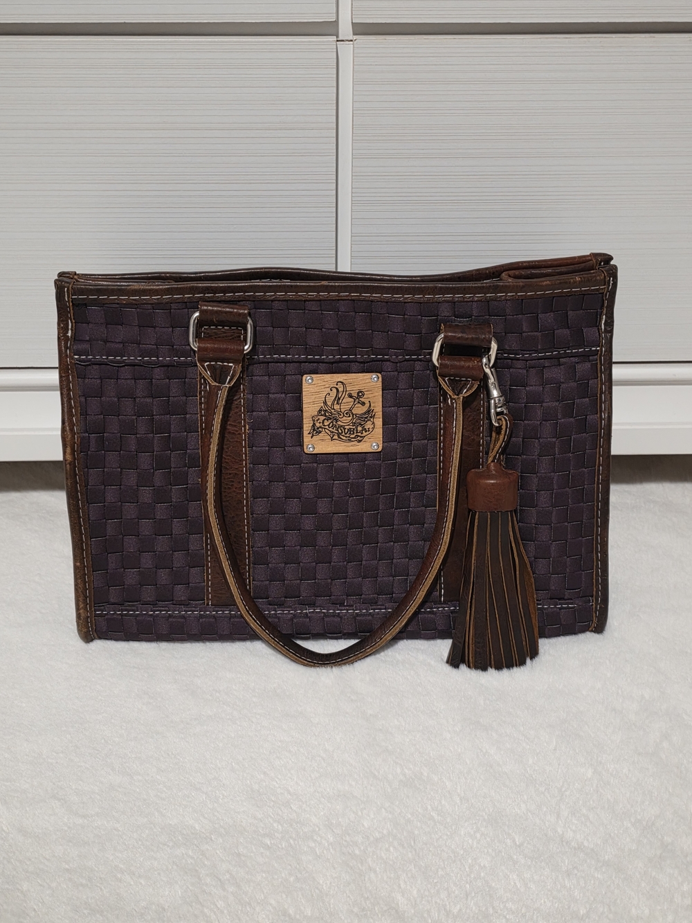 Consuela Woven Dark Purple Tote Bag with Tassel